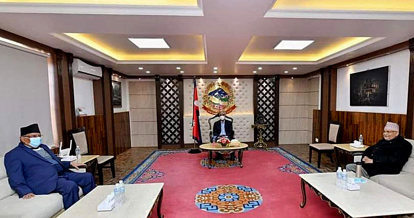 बालुवाटारमा प्रधानमन्त्री देउवा, ओली र प्रचण्डबीच बैठक सुरु