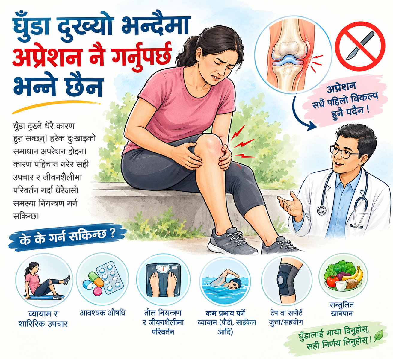 घुँडा दुख्यो भन्दैमा व्यायाम नछोड्नुहोस्, अप्रेसन गर्न नहतारिनोस्