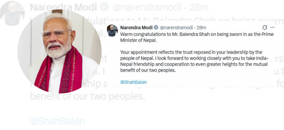 बालेनलाई बधाई दिँदै नरेन्द्र मोदीले भने : नजिकबाट सहकार्य गर्न उत्सुक छु